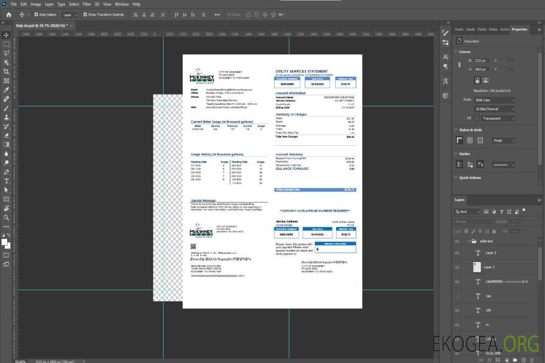 Modèle de facture de services publics des États-Unis Texas McKinney aux formats Word et PDF template